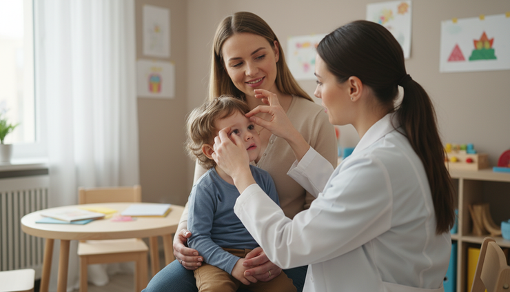 Eye-level view of a child being gently examined around the eyebrow area