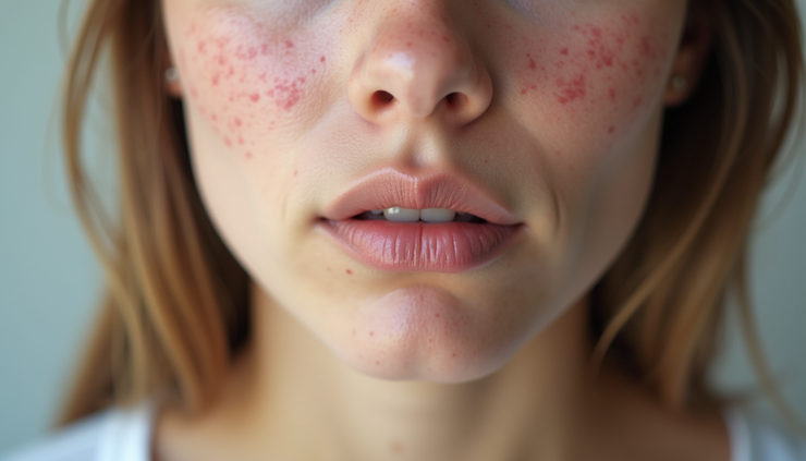 Close-up view of facial skin showing acne scars before treatment