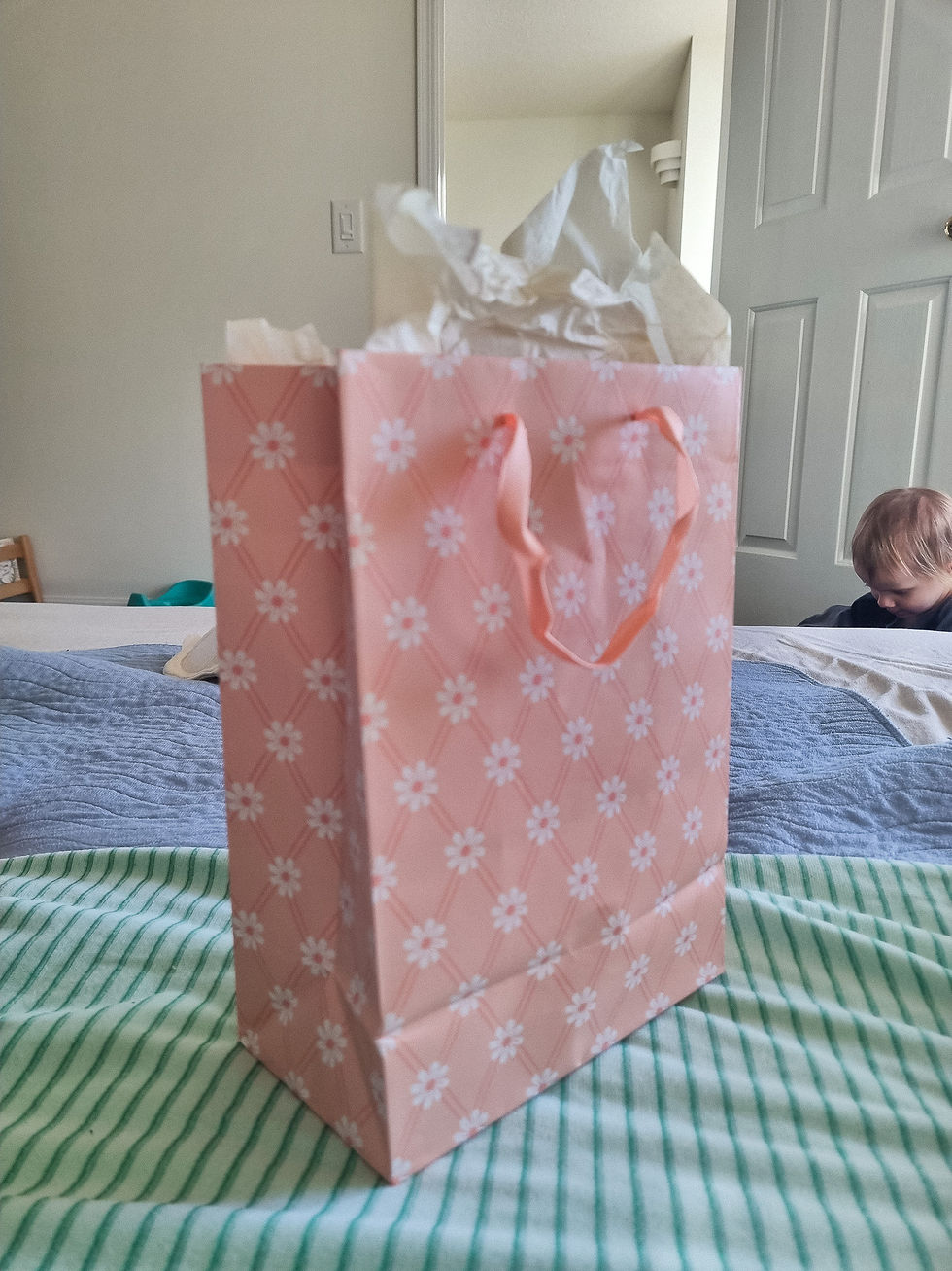 Pink gift bag with white daisy patterns and tissue paper on a striped green and blue bedspread. Child in background. Bedroom setting.