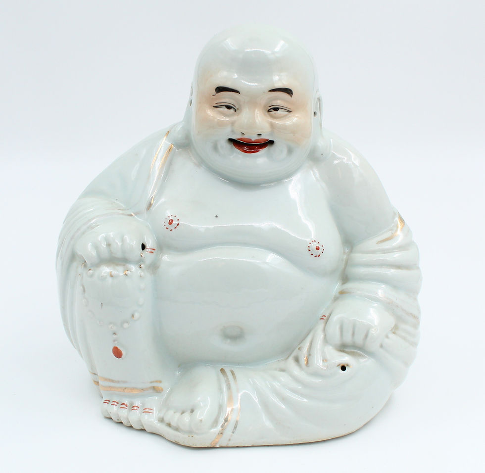 MAGNIFIQUE GRAND BOUDDHA RIEUR EN PORCELAINE DE CHINE H= 25 cm