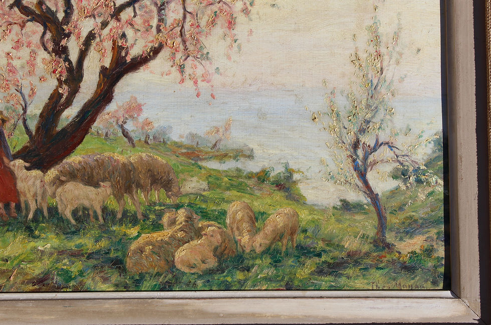 Thumbnail: Huile sur panneau" Bergère gardant le troupeau de chèvres " peint par Théophile
