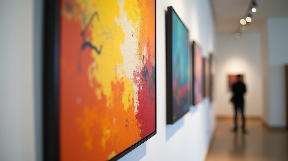 Close-up view of a colorful abstract painting hanging in a gallery
