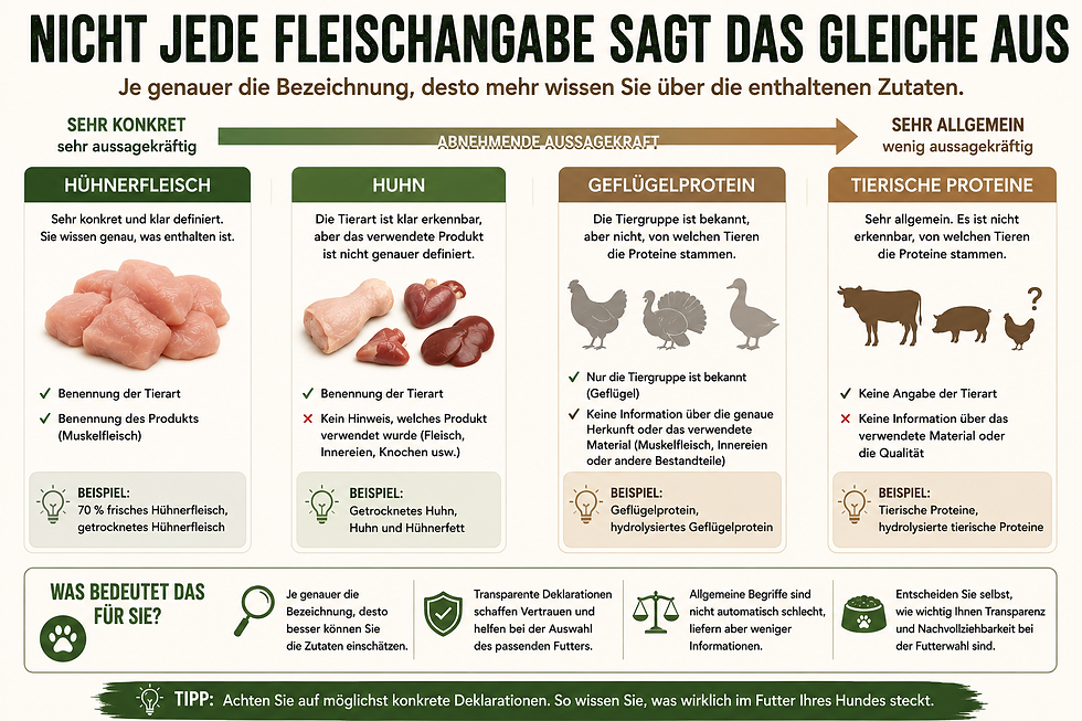 Infografik zum Vergleich verschiedener Fleischangaben in der Deklaration von Hundefutter. Die Grafik zeigt die unterschiedliche Aussagekraft der Begriffe „Hühnerfleisch“, „Huhn“, „Geflügelprotein“ und „tierische Proteine“. Während „Hühnerfleisch“ eine sehr konkrete und transparente Angabe darstellt, werden die Bezeichnungen nach rechts zunehmend allgemeiner und liefern weniger Informationen über die tatsächlich verwendeten Rohstoffe. Die Grafik verdeutlicht, dass präzise Deklarationen Hundehaltern helfen, die Zusammensetzung eines Futters besser nachzuvollziehen und einzuschätzen.