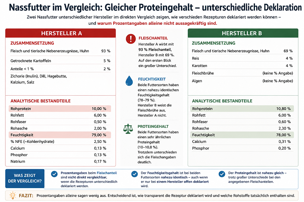 Infografik zum Vergleich zweier Nassfutter-Deklarationen. Hersteller A gibt 93 % Fleisch und tierische Nebenerzeugnisse (Huhn) an, Hersteller B 69 % Fleisch und tierische Nebenerzeugnisse (Huhn) sowie Fleischbrühe. Trotz deutlicher Unterschiede beim ausgewiesenen Fleischanteil zeigen beide Futtersorten einen nahezu identischen Feuchtigkeitsgehalt (78–79 %) und einen ähnlichen Rohproteingehalt (10–10,8 %). Die Grafik verdeutlicht, dass Prozentangaben allein nicht ausreichen und die Transparenz der Deklaration für die Bewertung eines Futters entscheidend ist.