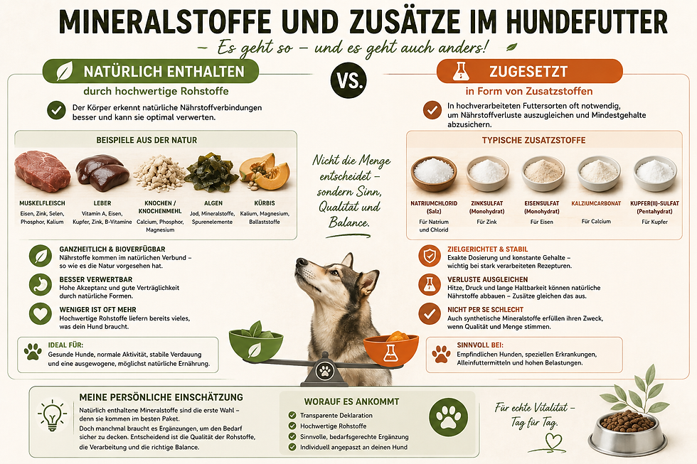 Infografik zum Thema „Mineralstoffe und Zusätze im Hundefutter – Es geht so und es geht auch anders“. Die Grafik stellt zwei Wege der Mineralstoffversorgung gegenüber. Auf der linken Seite wird gezeigt, dass hochwertige Rohstoffe wie Muskelfleisch, Leber, Knochen, Algen und Kürbis von Natur aus viele Mineralstoffe und Spurenelemente liefern und häufig mit weniger zugesetzten Zusatzstoffen auskommen. Auf der rechten Seite wird erklärt, dass hochverarbeitete Futtersorten oder besondere Ernährungsanforderungen häufig den gezielten Zusatz von Mineralstoffen wie Natriumchlorid, Zinksulfat, Eisensulfat oder Calciumcarbonat erfordern, um den Nährstoffbedarf sicher abzudecken. Die zentrale Botschaft lautet, dass weder natürliche noch zugesetzte Mineralstoffe grundsätzlich besser oder schlechter sind. Entscheidend sind die Qualität der Rohstoffe, die Verarbeitung, die Bioverfügbarkeit sowie eine bedarfsgerechte und ausgewogene Versorgung des Hundes.
