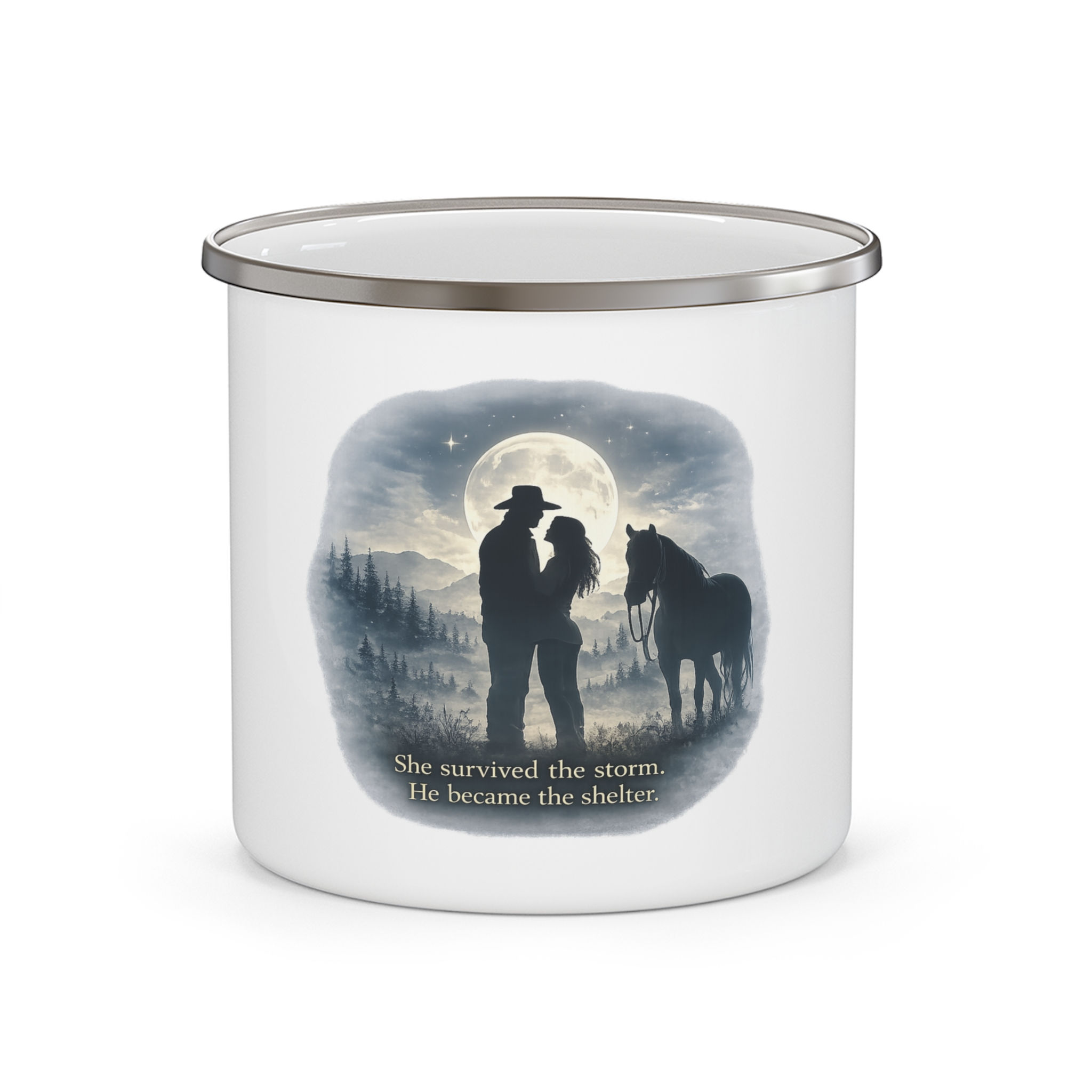 She Survived the Storm Enamel Camping Mug | 12oz Moonlit Romance Mug