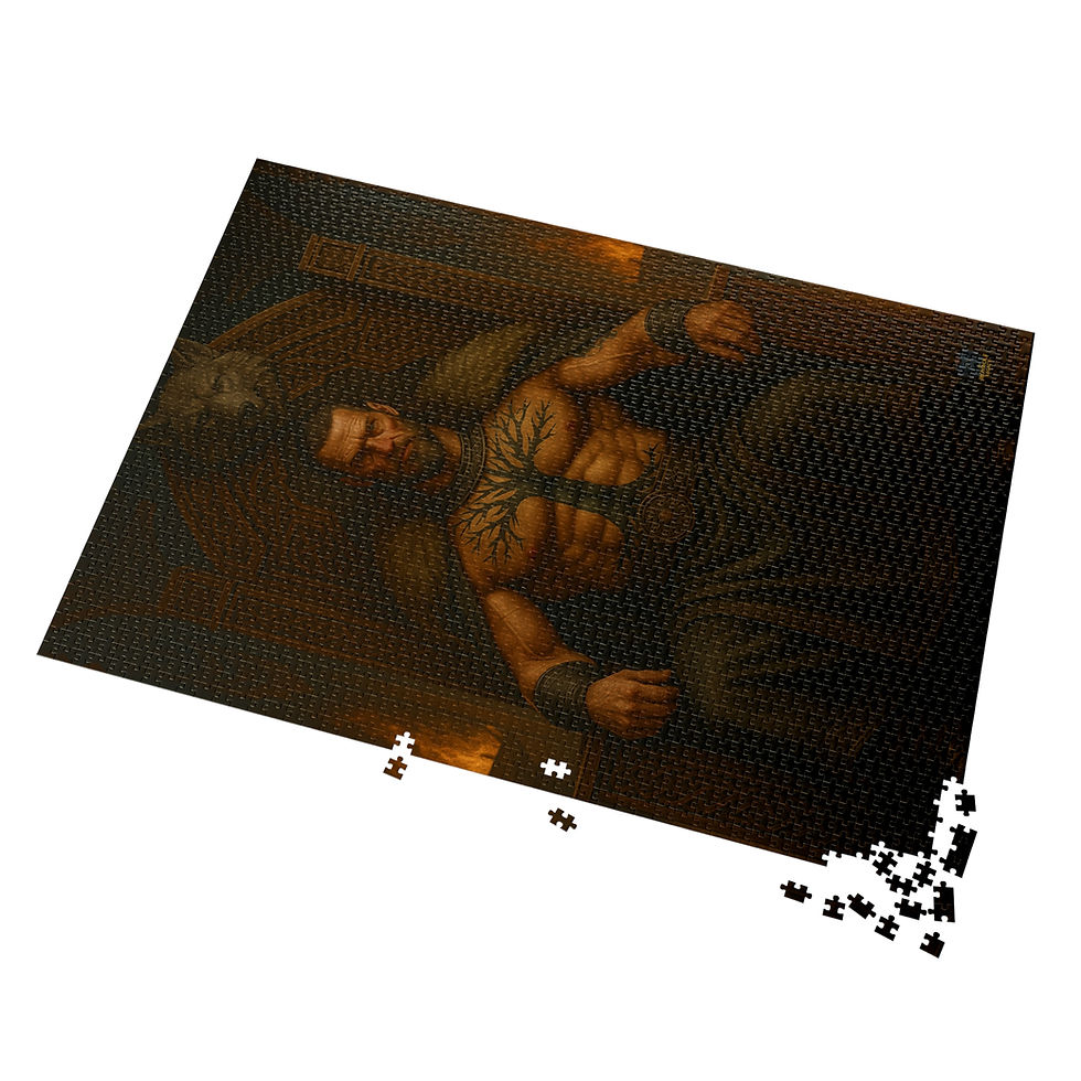 Thumbnail: Puzzle featuring a man with tattoos, in a dark setting, Burn What’s Left of Me