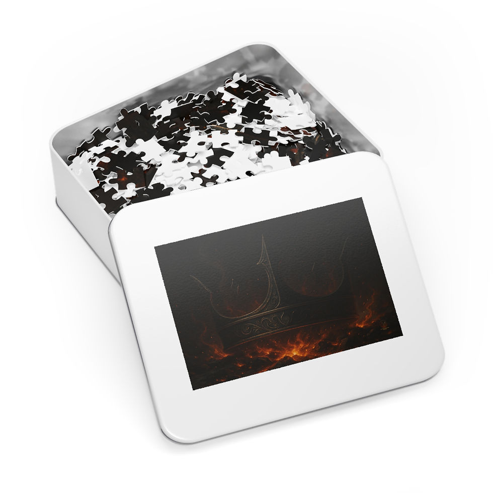 Thumbnail: Puzzle tin with image of a dark fantasy scene and Blood and Bone song.
