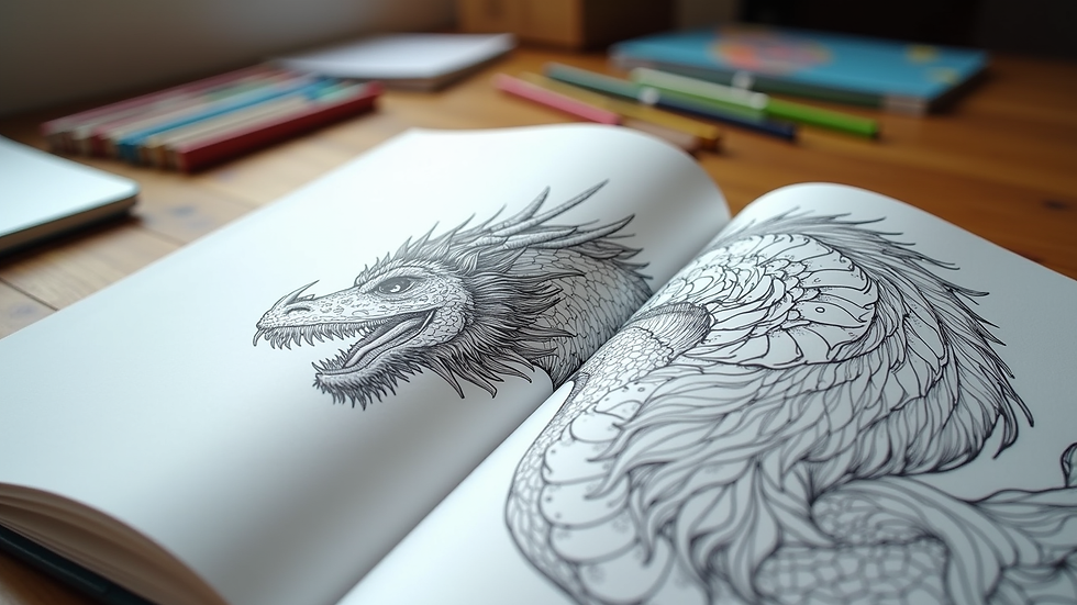 Eye-level view of a coloring book open to a detailed dragon illustration