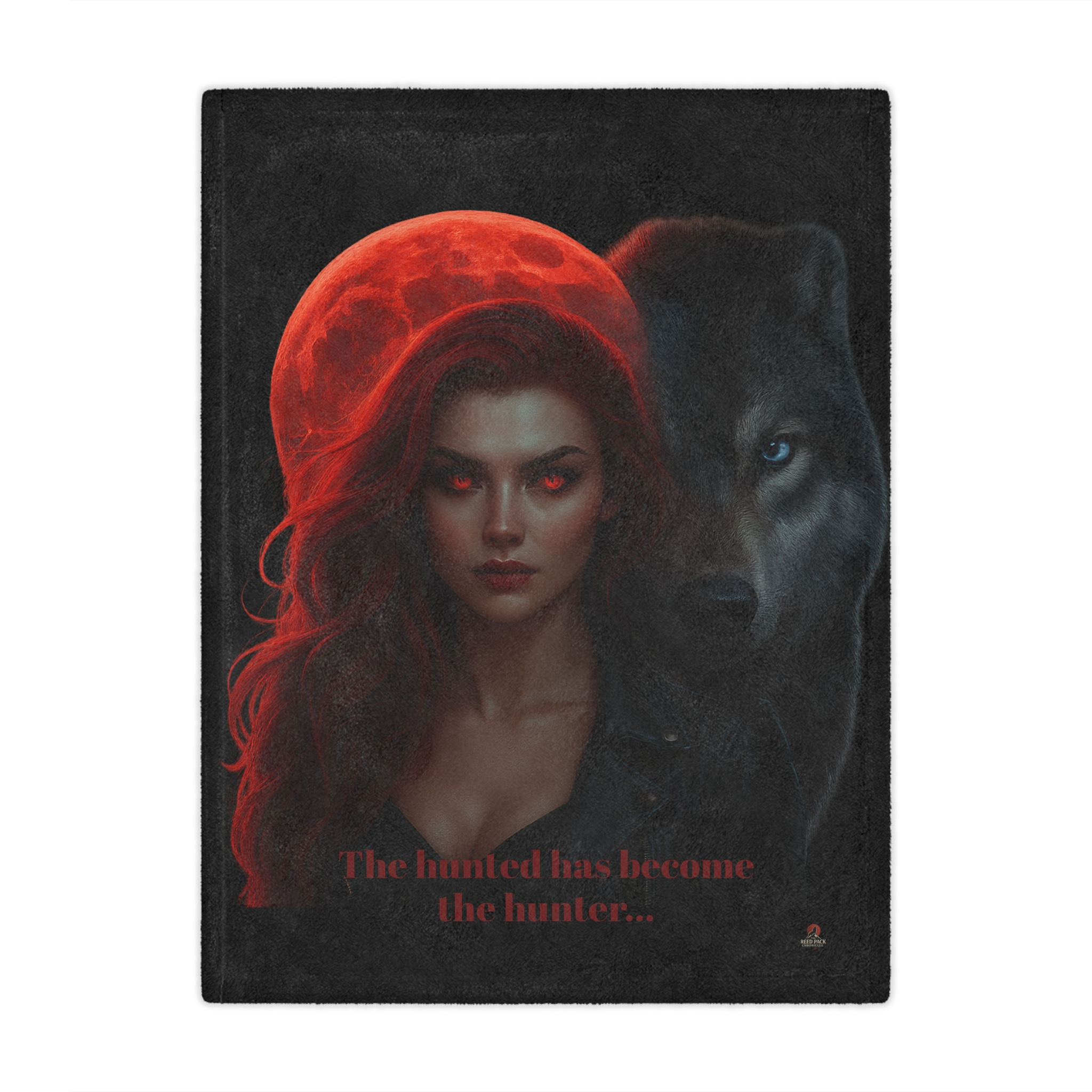 Woman with red eyes, wolf face behind, The hunted has become the hunter.