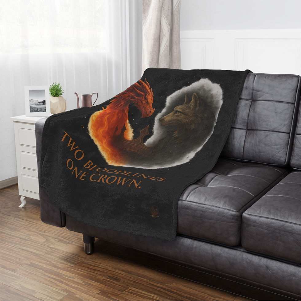 Thumbnail: Blanket on couch with Two Beings, One Crown text and dragon artwork.