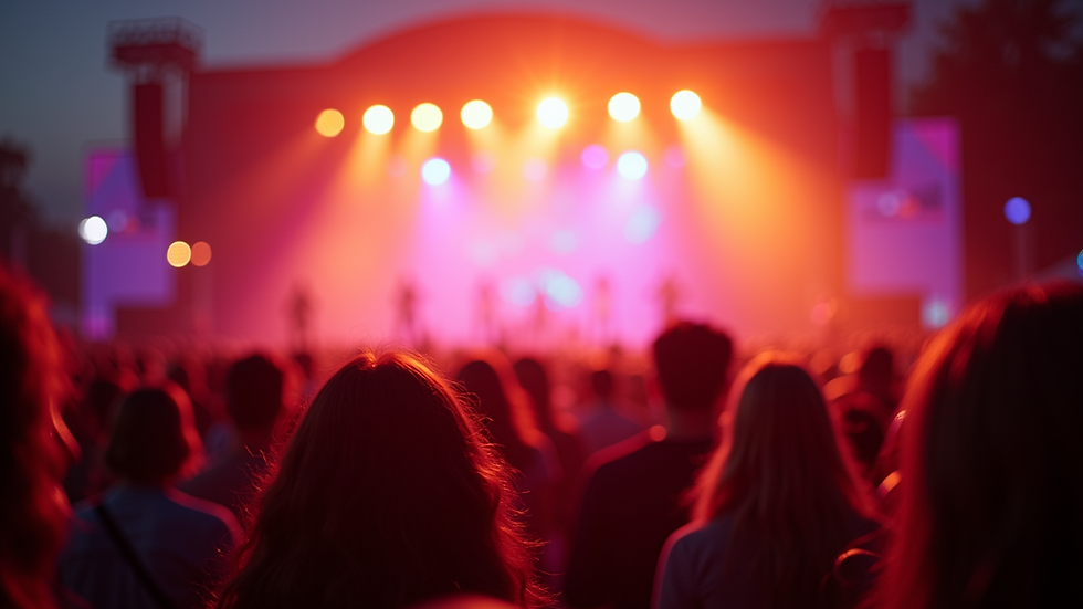 Eye-level view of a vibrant music festival crowd enjoying a live performance