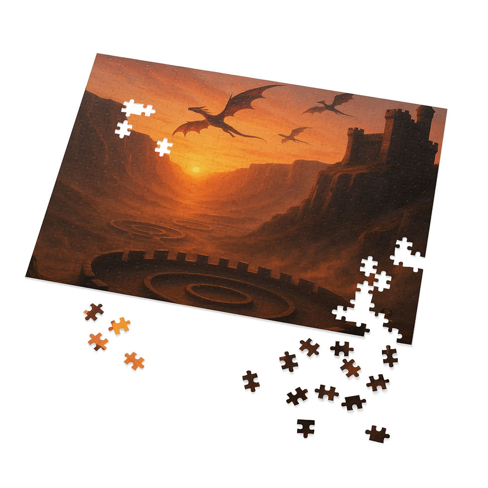 Thumbnail: Dragons flying over a sunset castle scene, Bloodline Chronicles music dark fan puzzle