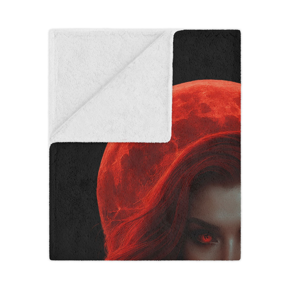 Thumbnail: Red-haired woman on blanket, red moon background, fiery eyes, Rites of Ruin detail.