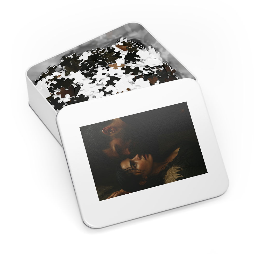 Thumbnail: Open puzzle tin with image of a dark painting and scattered puzzle pieces.
