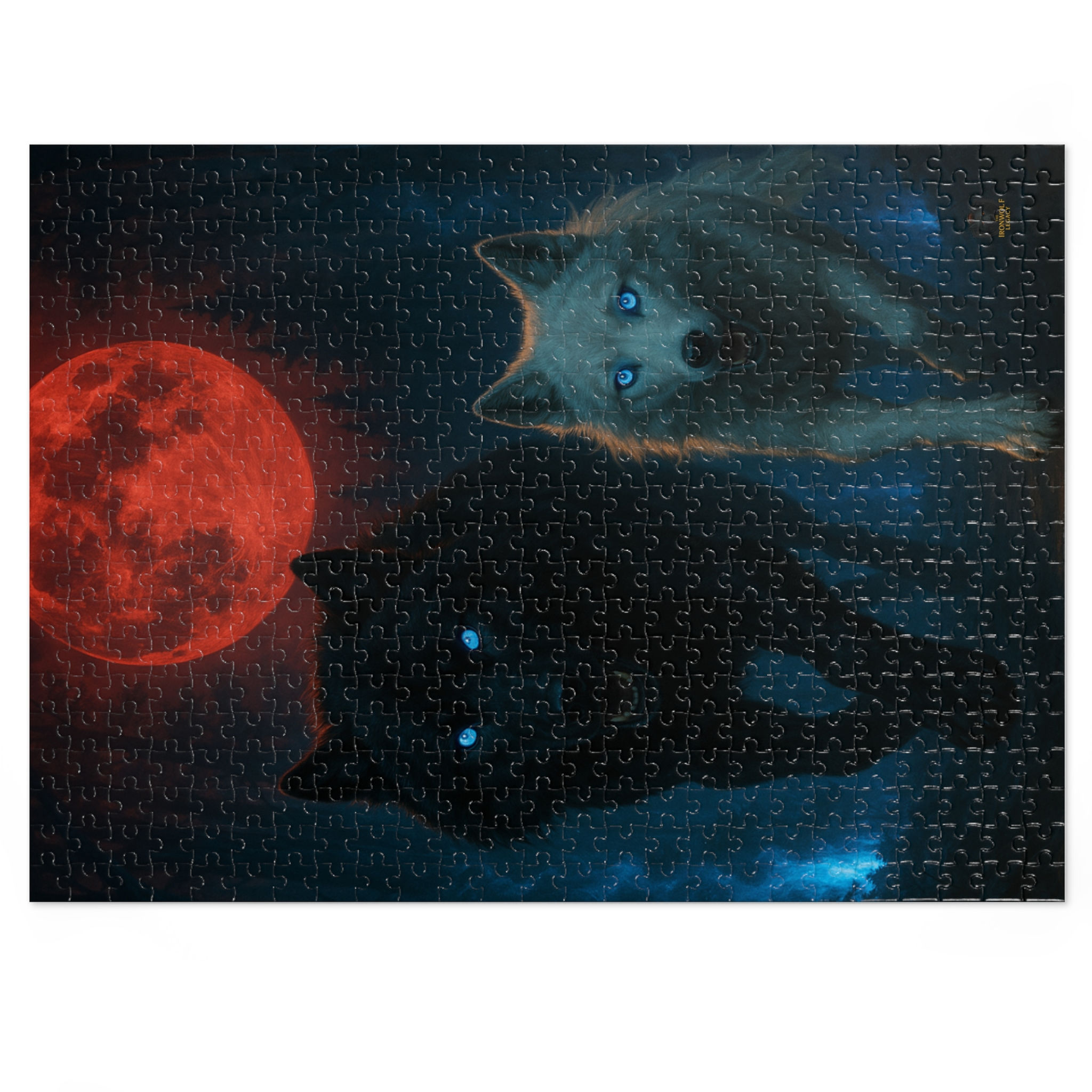 Two wolves with blue eyes under a red moon. Havocspire Stormcastle Dark Fantasy Puzzle.