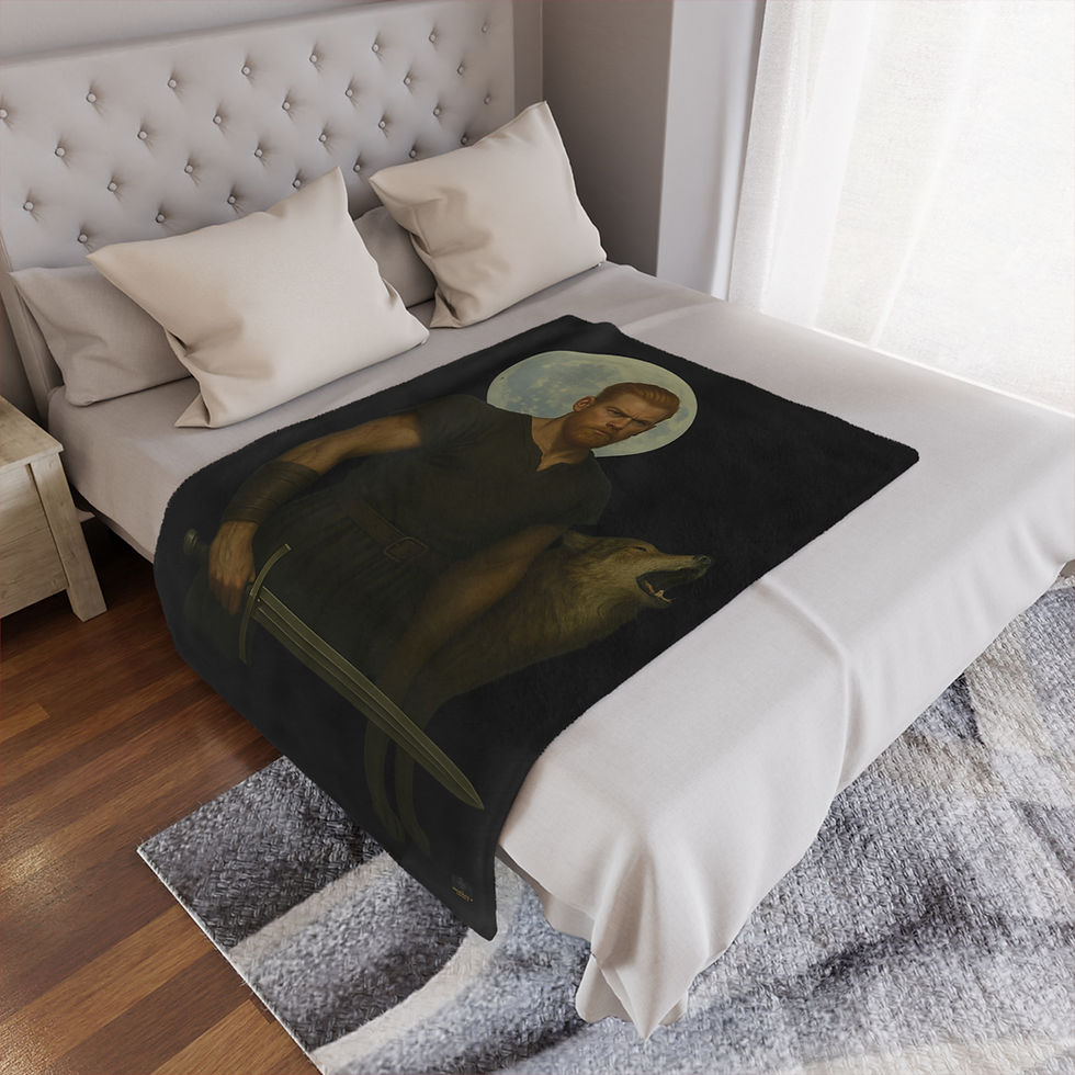 Thumbnail: Blanket with an image of a religious figure lying on a bed frame background