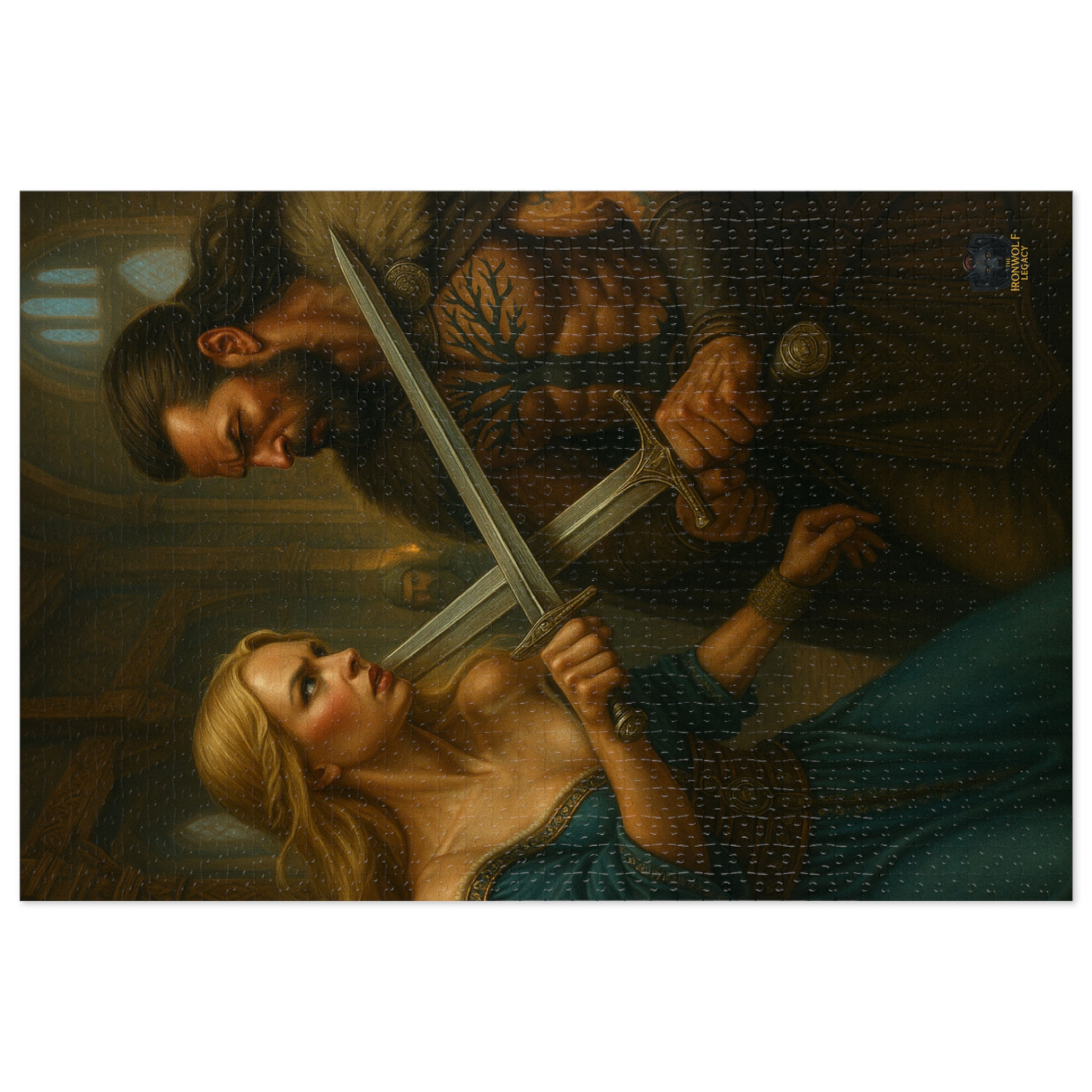 Warrior lunging at woman with sword, Burn What’s Left of Me, dark fantasy romance.