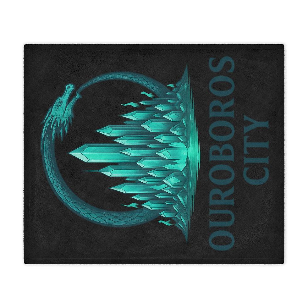 Thumbnail: Ouroboros City, teal illustration with a dragon and a crystal formation background.