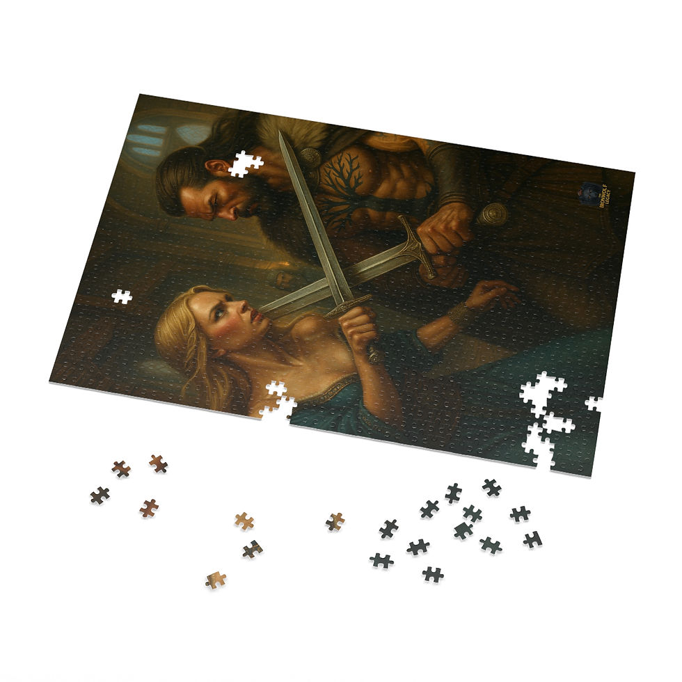 Thumbnail: Puzzle with a man and woman fighting with swords, Burn What’s Left of Me.