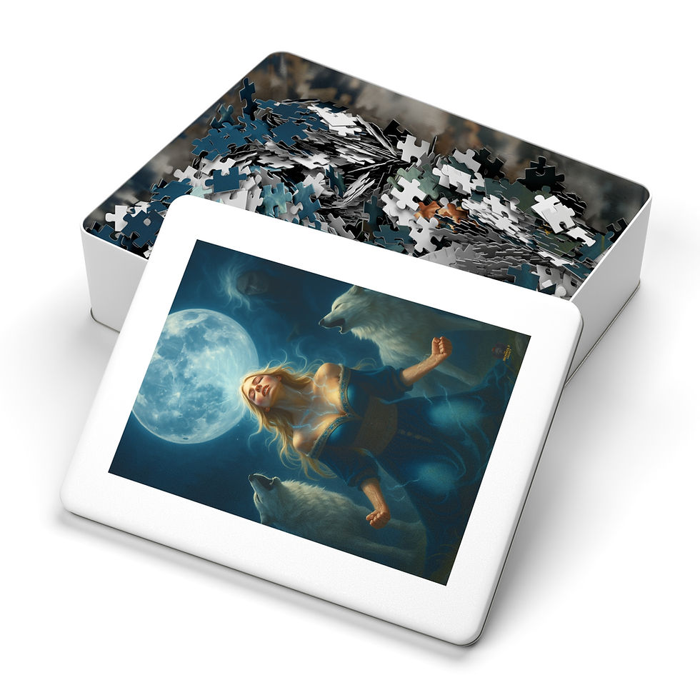 Thumbnail: Puzzle box with puzzle image, Moon, woman with wolves. Phoenix Reed magnet • Moon’s Shadow merch.
