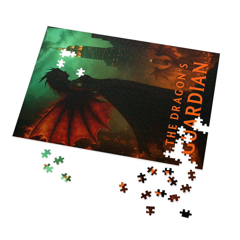 Thumbnail: Puzzle shows "THE DRAGON'S GUARDIAN" illustration; pieces scattered on white.