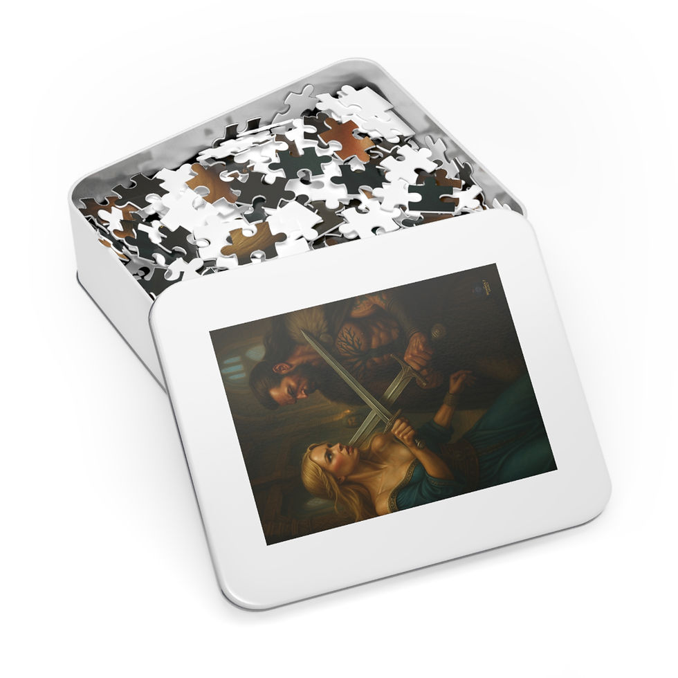 Thumbnail: Puzzle box with image of woman and man, Burn What’s Left of Me