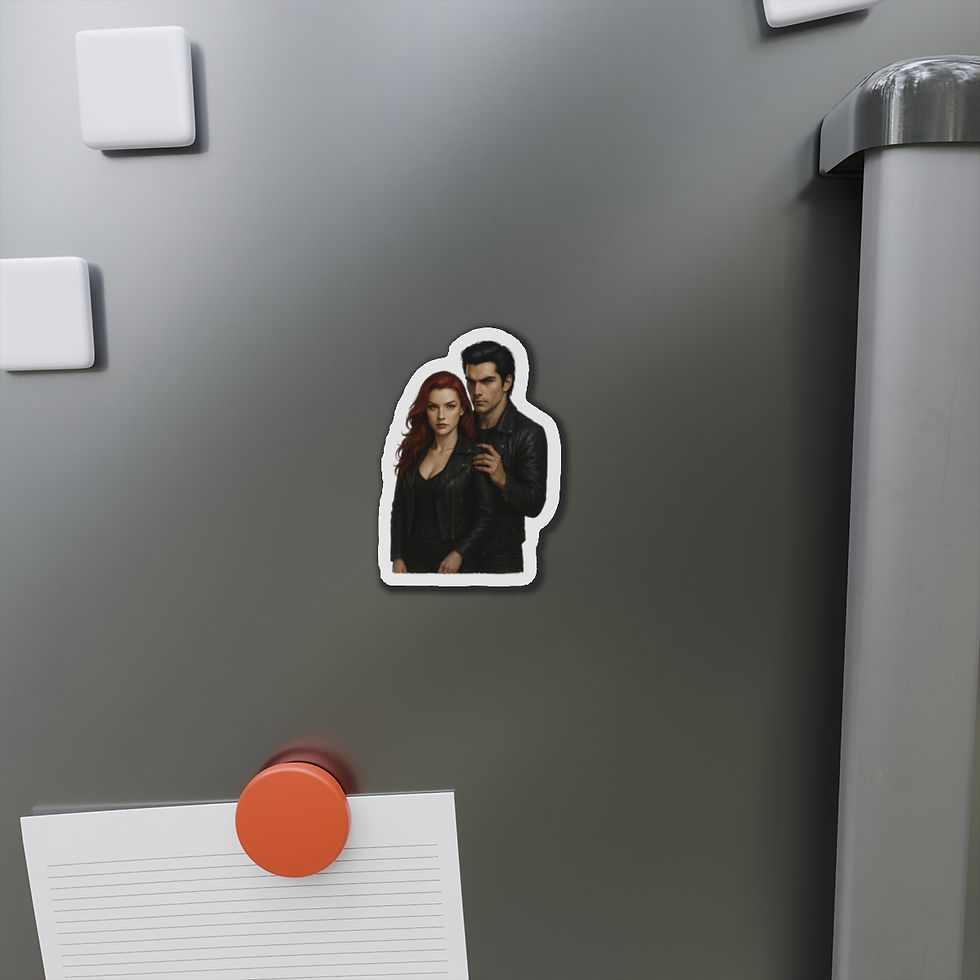 Thumbnail: Couple magnet, Reed Pack Chronicles merchan, on a refrigerator with other magnets.
