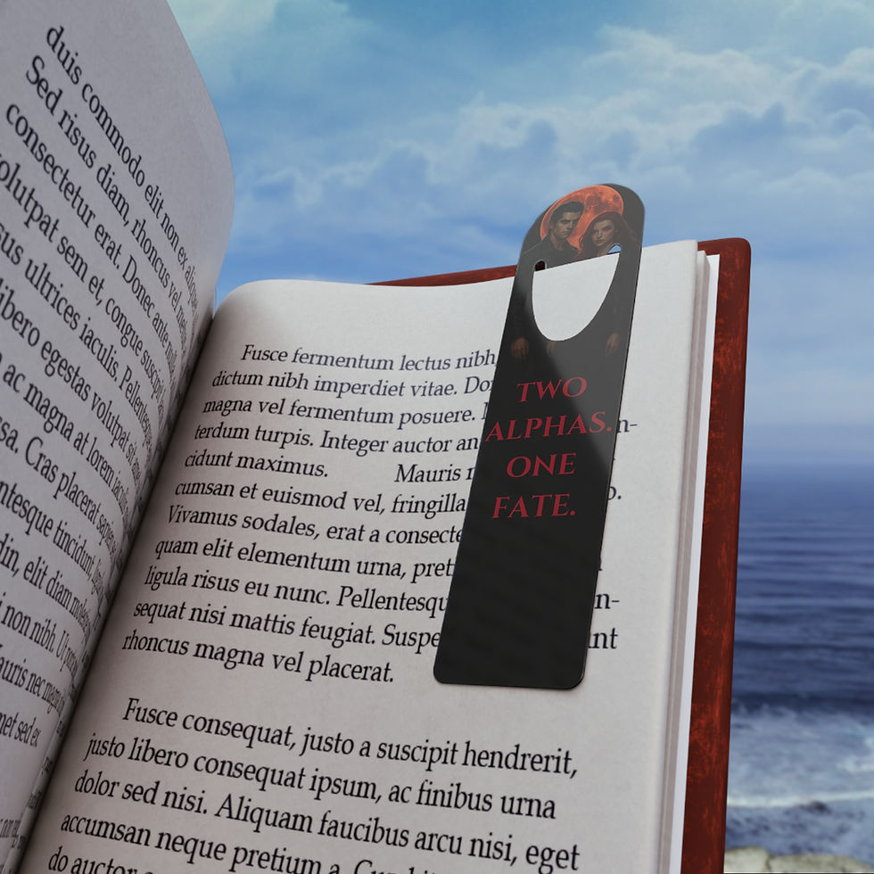 Thumbnail: Book with bookmark: Two Alpha, One Tate, Golden Fire song, dark fantasy romance.