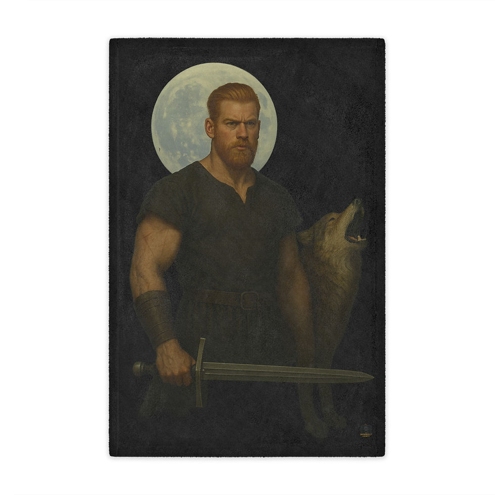 Thumbnail: A muscular man with a sword and wolf, Blood Remembers song, dark fantasy theme.