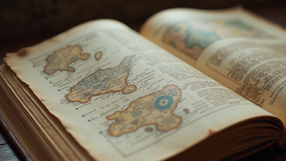 Close-up view of an open ancient book with fantasy maps and handwritten notes