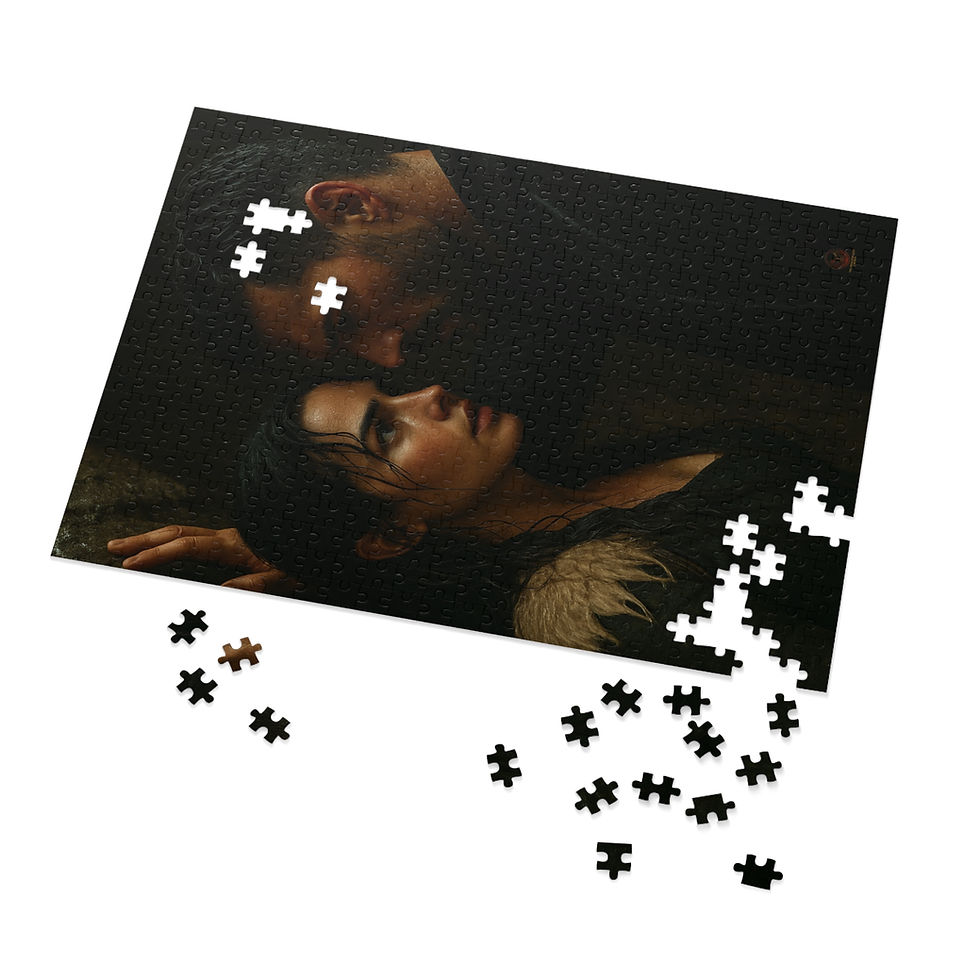 Thumbnail: Puzzle with people faces, scattered pieces, romantic artwork, dark tones and art.