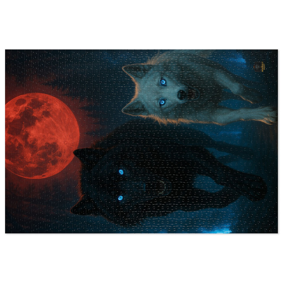 Thumbnail: Two wolves with glowing eyes under a red moon. Havocspire Stormcastle Jigsaw Puzzle.