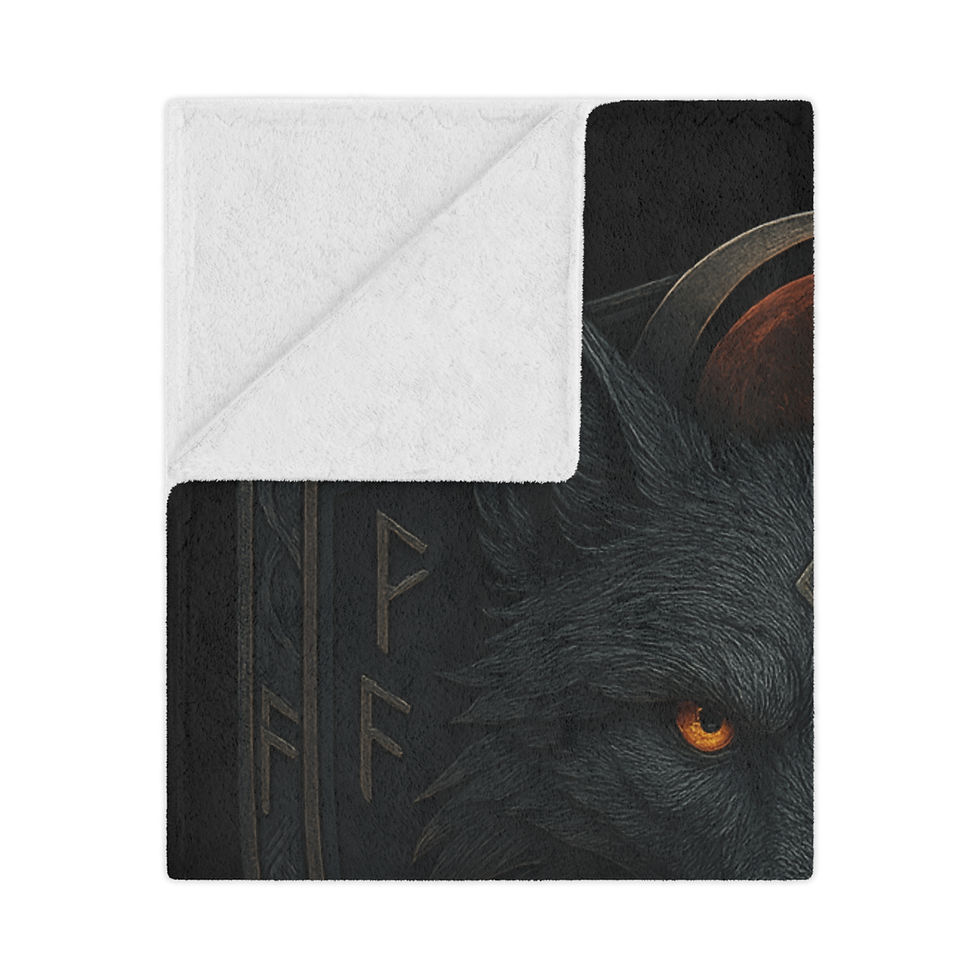 Thumbnail: Dark wolf with orange eyes They Rise for Power Sherpa Fleece Blanket fantasy background with runes.