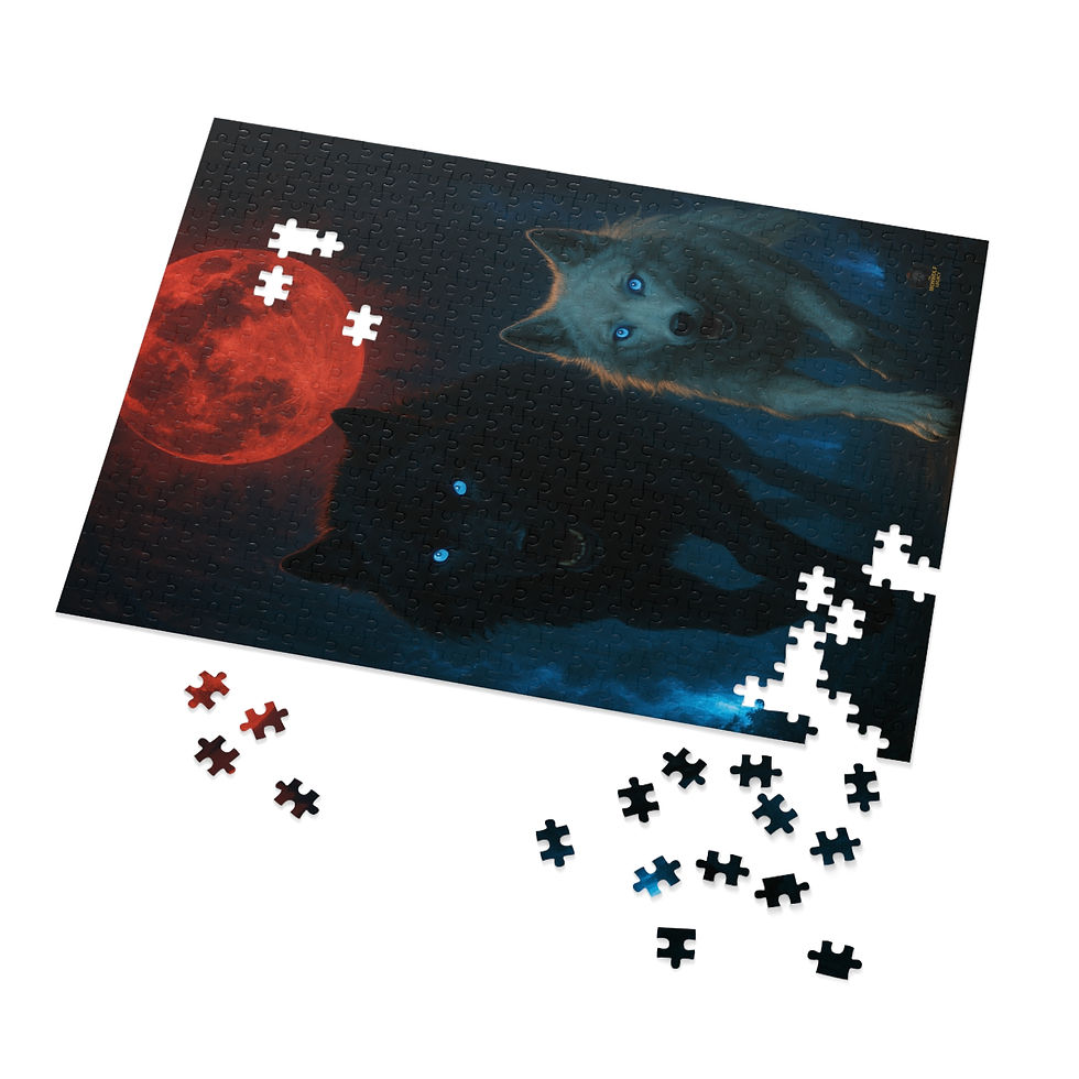Thumbnail: Two wolves with red moon, dark fantasy jigsaw puzzle, scattered pieces.