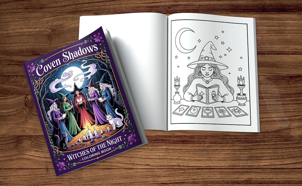 Thumbnail: Witches of the Night coloring book, open with witch image, dark fantasy, and moonlit background.
