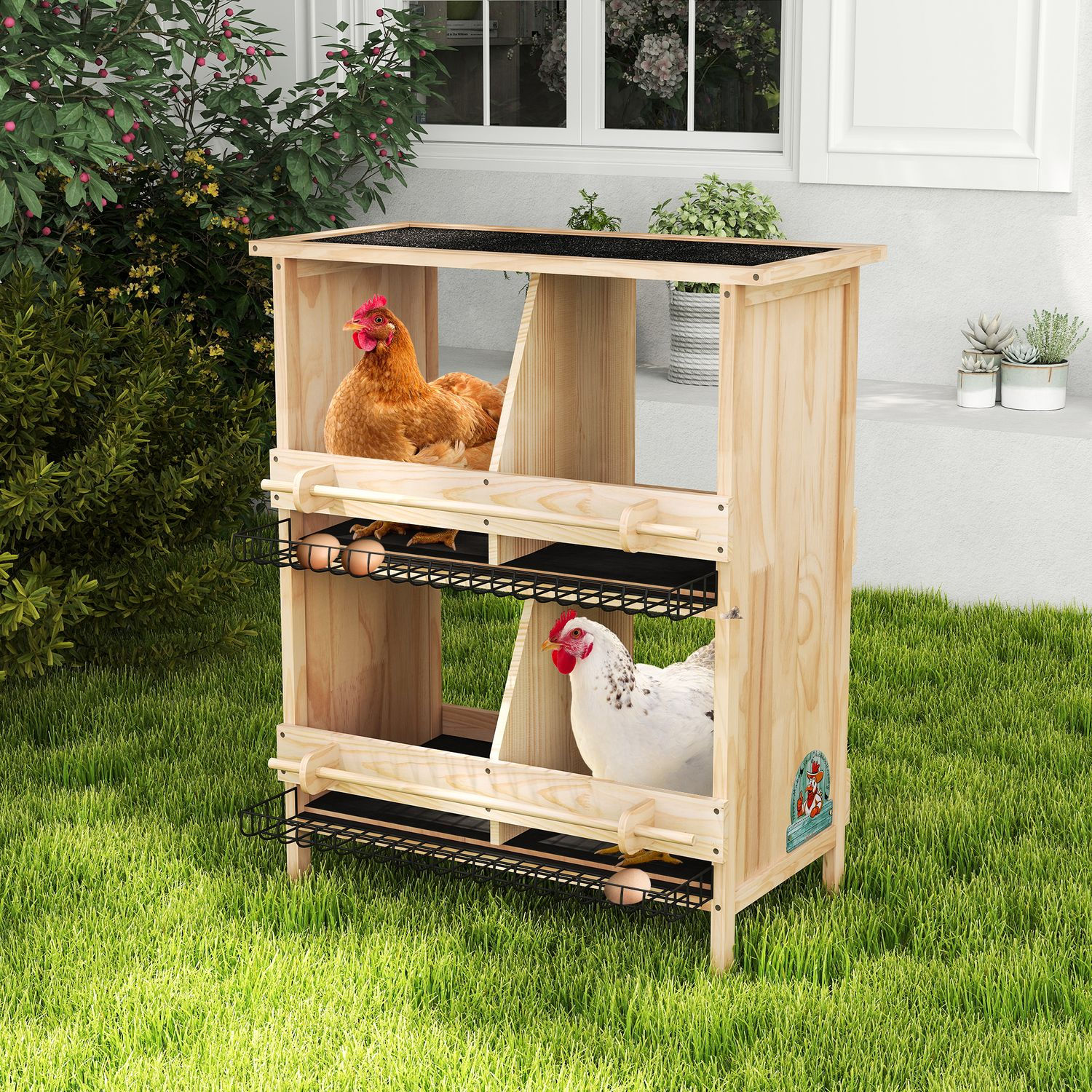 2-tier Chicken Coop with Nesting Boxes, Standing Poles, Waterproof Roof and Ther