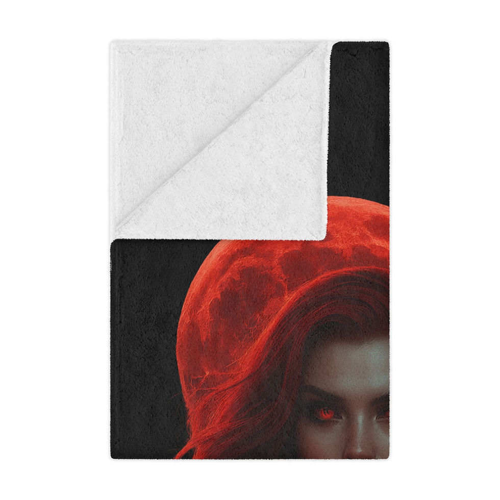 Thumbnail: Red-haired woman with red eyes and moon blanket. Rites of Ruin. Dark background