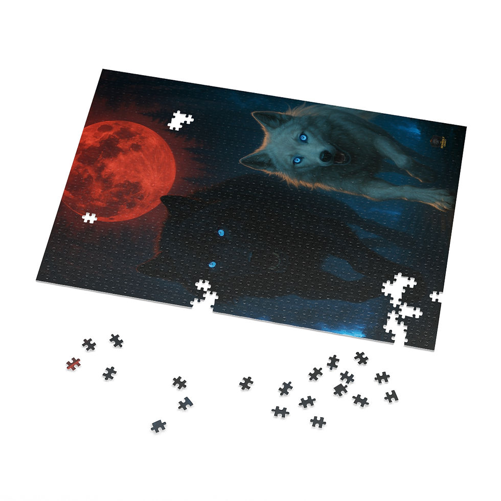 Thumbnail: Wolf jigsaw puzzle with a red moon; Havocspire Stormcastle Jigsaw Puzzle – Dark Fantasy Puzzle with Tin Box