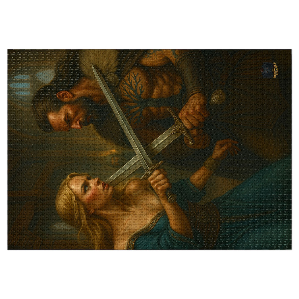 Thumbnail: Man with sword lunging at woman with sword, dramatic scene. Burn What’s Left of Me