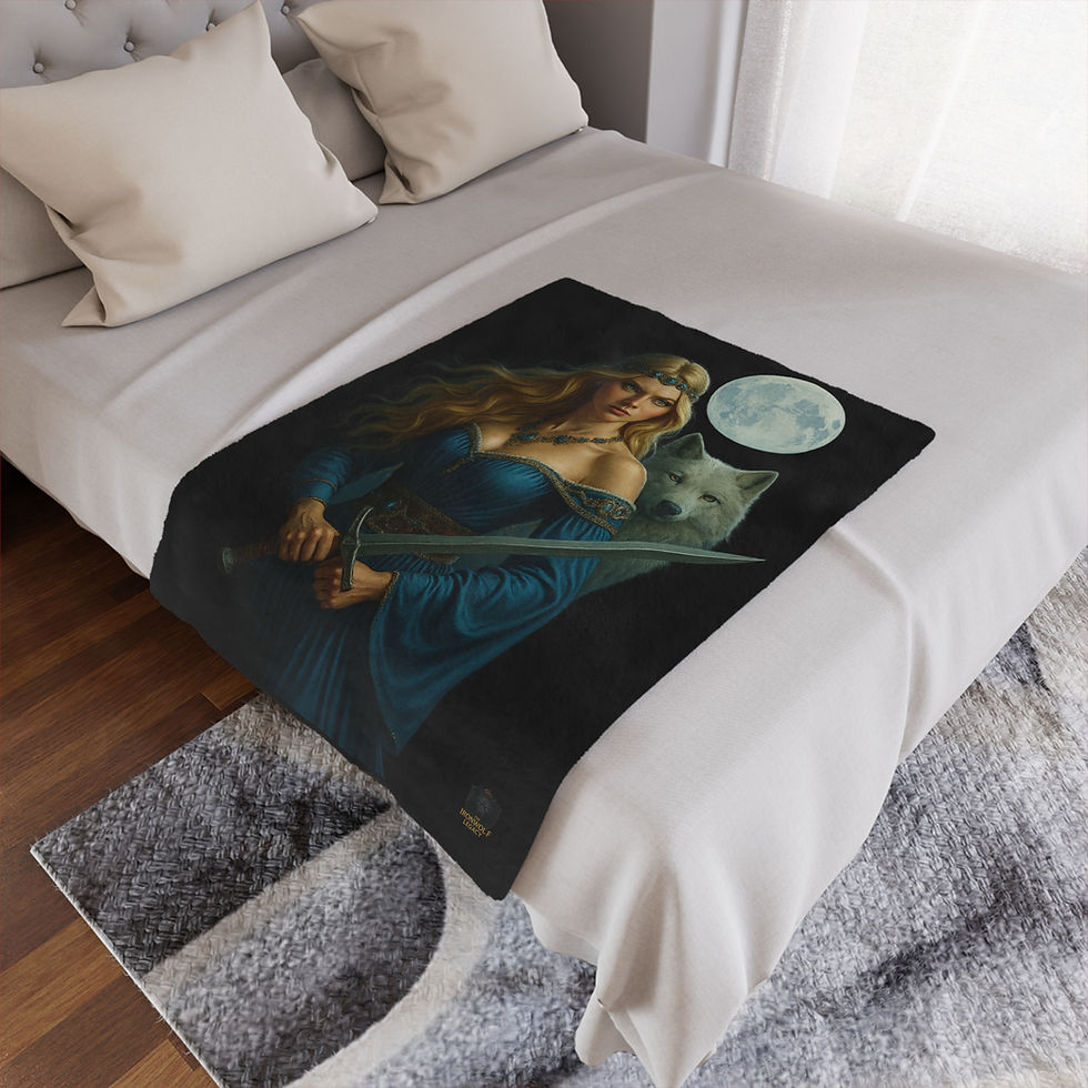 Thumbnail: Woman with sword, wolf, and moon on blanket Burn What’s Left of Me.