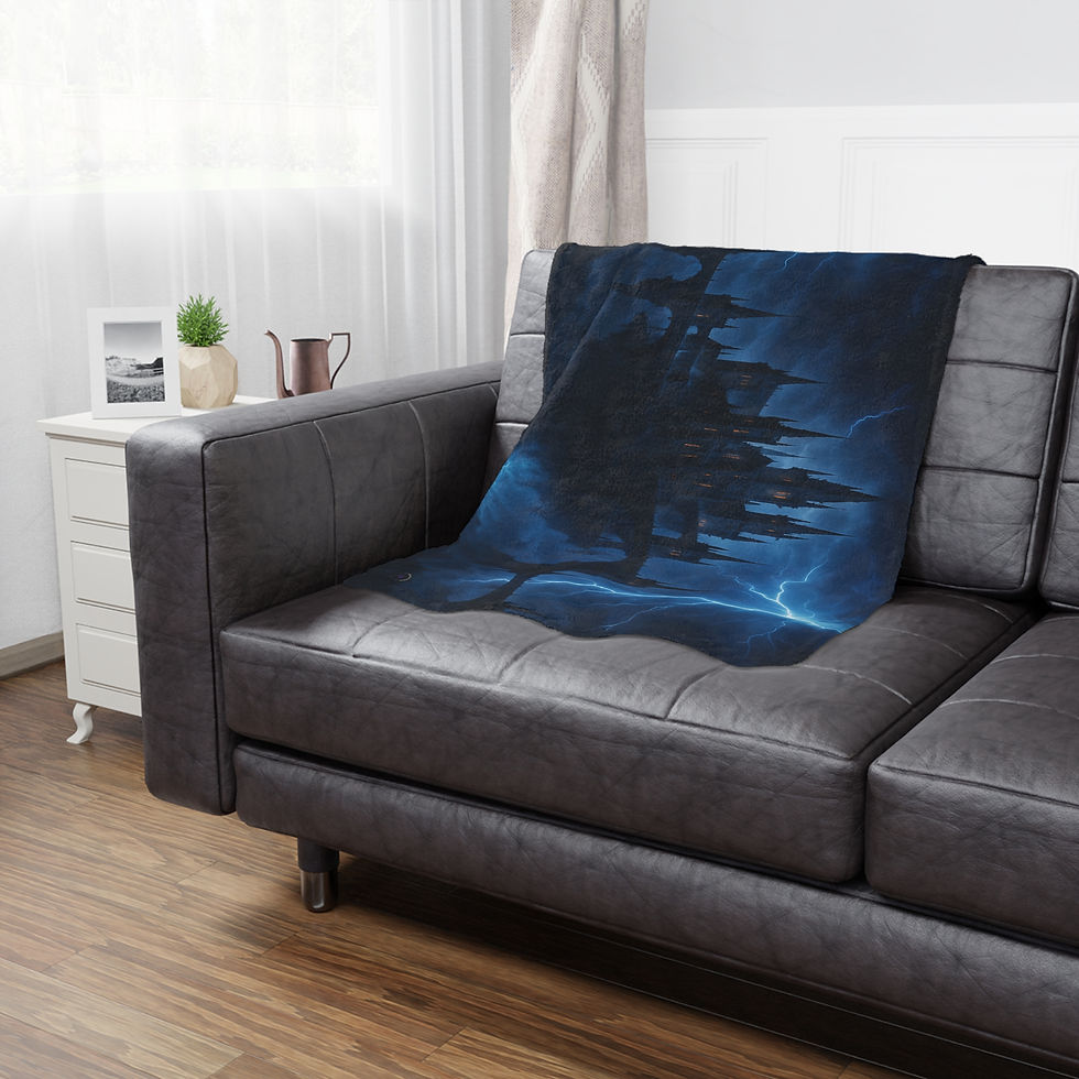 Thumbnail: Dark blanket on a couch with a tree design, home decor, comfort.