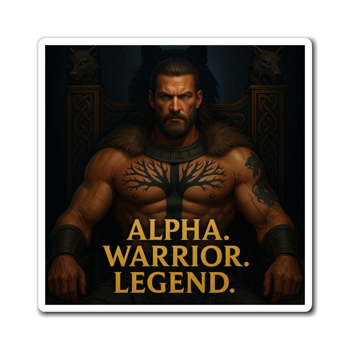 A muscular man sits with the text: ALPHA. WARRIOR. LEGEND. Dark fantasy theme song.