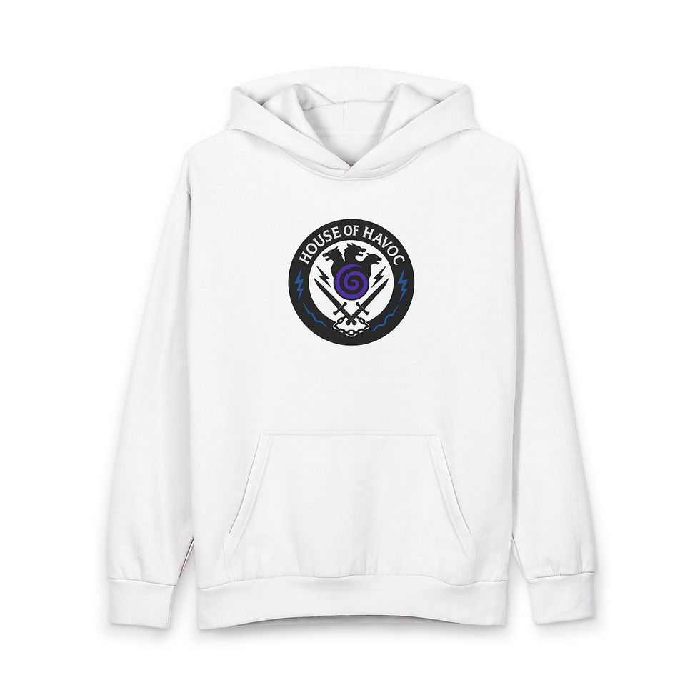 White hoodie with "House of Magic" logo, showcasing a dark emblem.