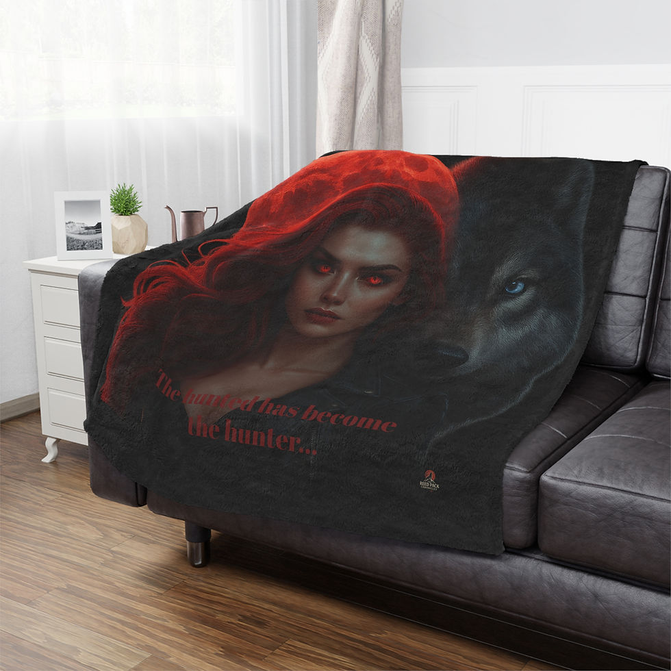 Thumbnail: Blanket on a couch with red-hooded woman and wolf illustration. The Hunters.