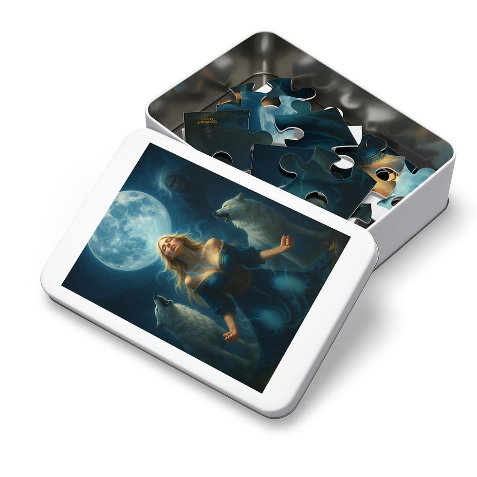 Thumbnail: Puzzle box with woman, wolves, and moon; Phoenix Reed Alpha Eyes magnet • Reed Pack Ch