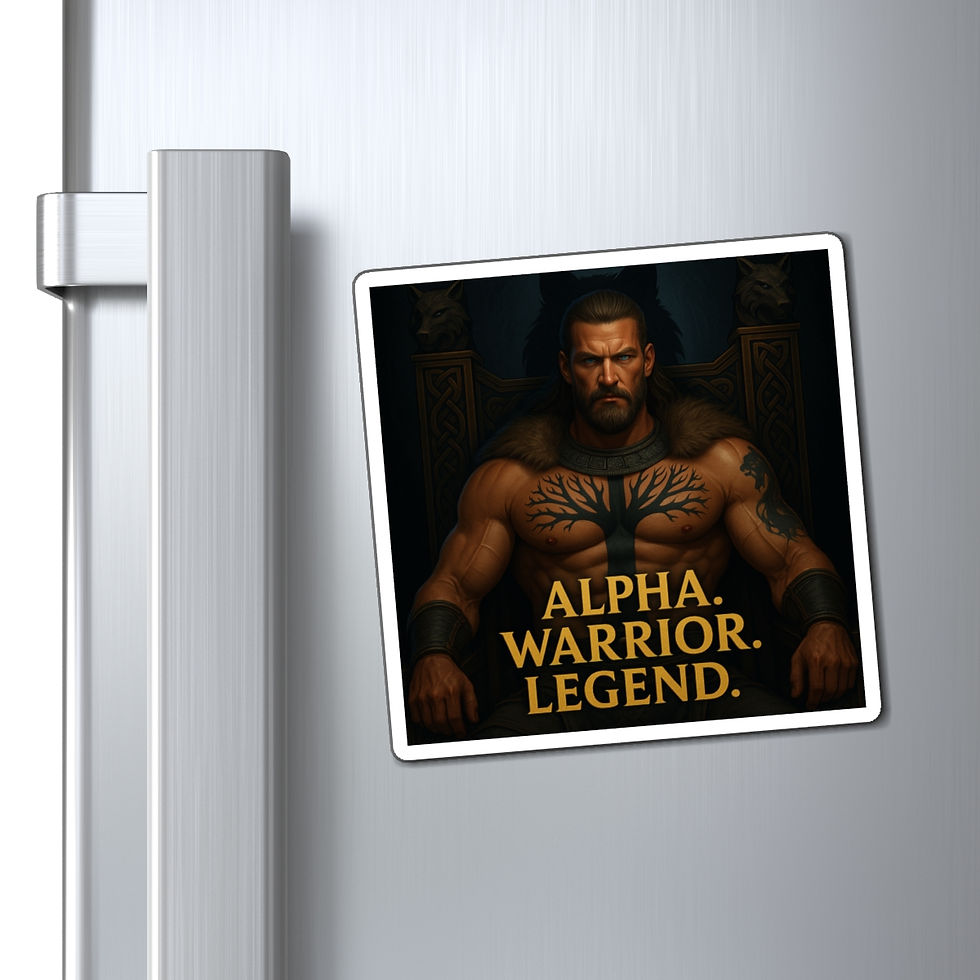 Thumbnail: Alpha, Warrior, Legend on a fridge magnet: muscular man, dark theme, fantasy