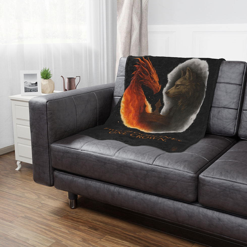 Thumbnail: Dragon and wolf on throw blanket. She Was the Secret the Kingdom Buried Mug | Cozy sofa setting.