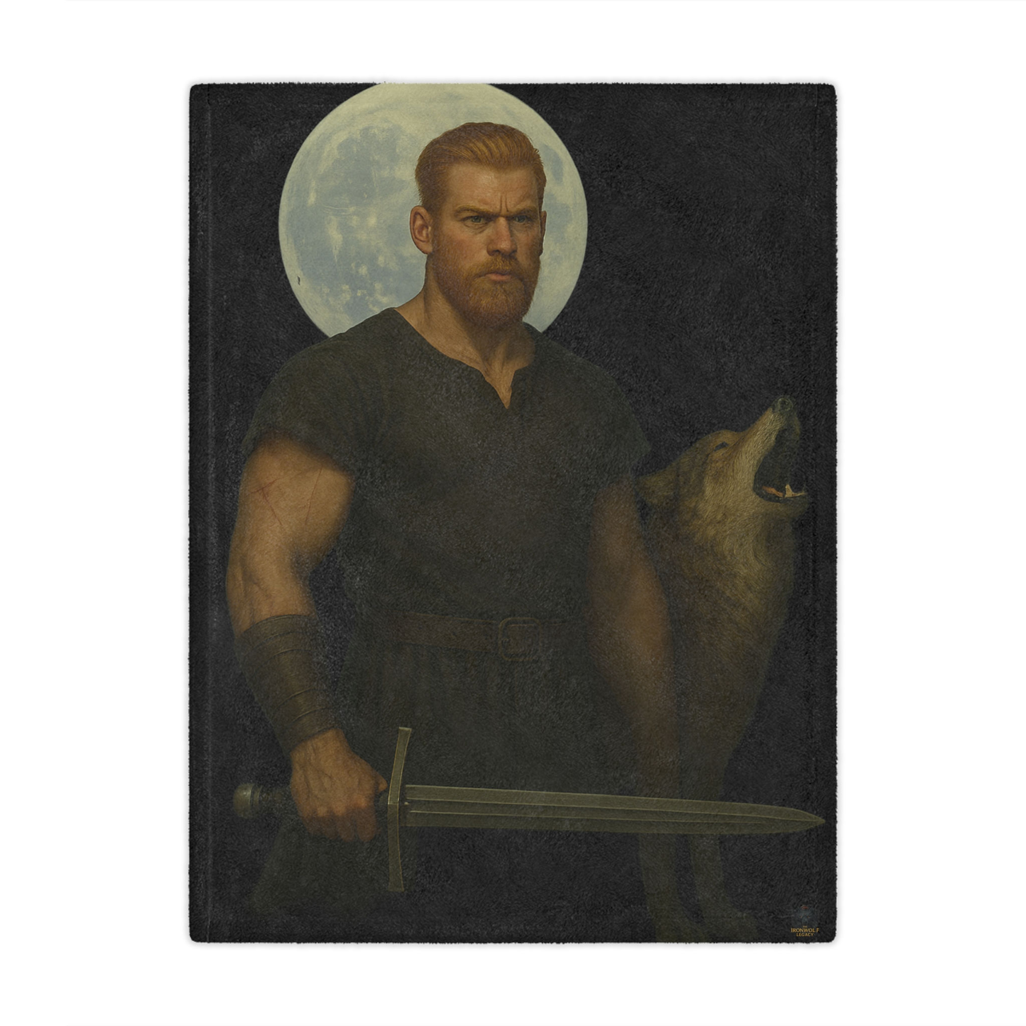 Warrior with sword and wolf, full moon background. Blood Remembers song and theme