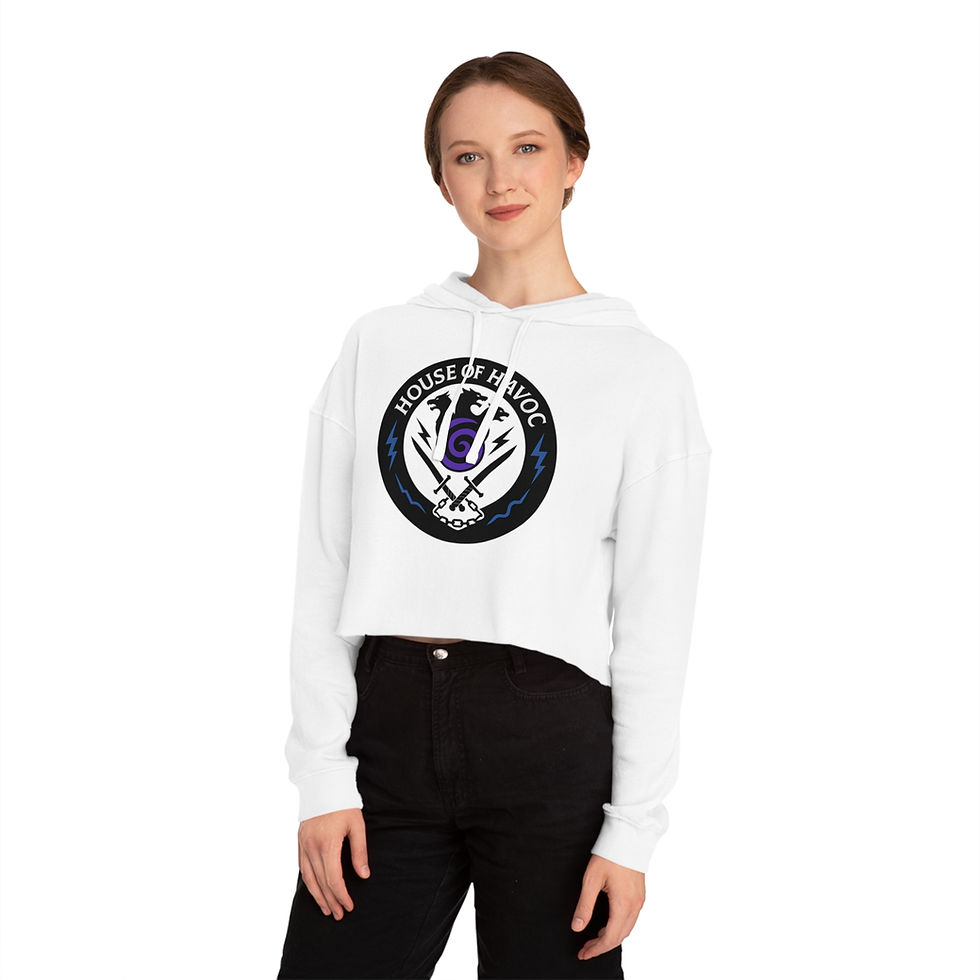 Thumbnail: Woman wearing House of Havoc Women’s Cropped Hoodie — Soft Cotton Blend Cropped Sweatshirt, white cropped hoodie.